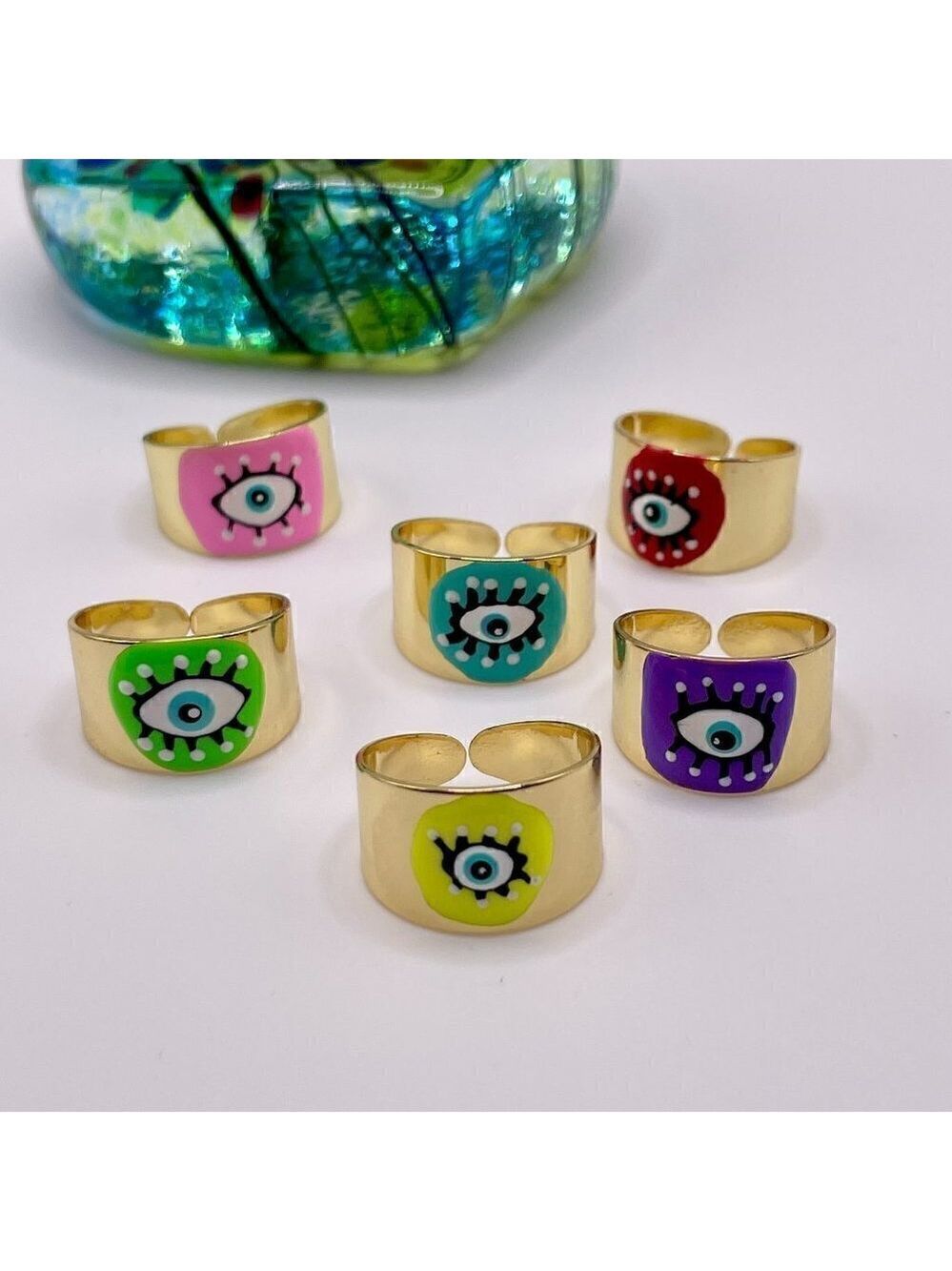 Boho Evil Eye Enamel and Copper Adjustable Ring #1300 NEON GREEN - Picture 6 of 14